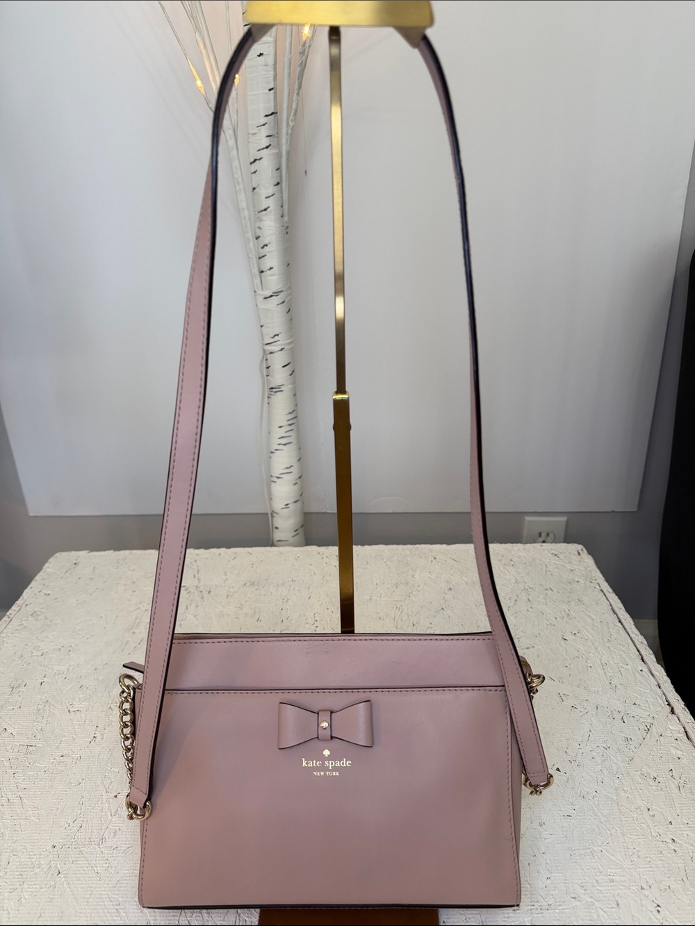 Kate Spade EUC muted blush  bow leather Crossbody bag w/part gold chain strap
